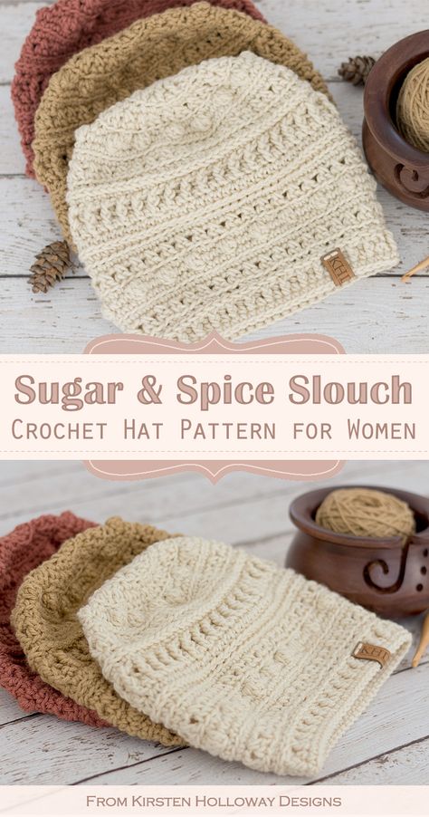 Sugar and Spice Crochet Slouchy Hat Pattern for Women and Teens - Kirsten Holloway Designs Slouch Hat Pattern, Slouchy Hat Pattern, Crochet Slouch Hat, Crochet Slouchy Hat, Amigurumi Minta, Easy Crochet Hat, Crochet Winter Hats, Crocheted Hats, Womens Crochet Patterns