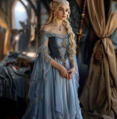 Game Of Thrones Blue Dress, Blue Medieval Dress Princesses, Regal Fantasy Outfits, Fae Queen Dress, Targaryen Dresses Aesthetic, House Of Dragons Dresses, Margery Tyrell Dress, Light Blue Medieval Dress, House Arryn Dress