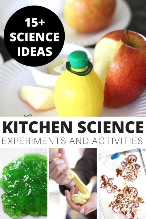 Easy to set up kitchen science experiments and activities using common kitchen supplies. perfect for both home science and classroom science projects, these kitchen science activities are great for hands on learning ideas. Explore science in the kitchen with chemical reactions, candy science, edible slime, salt crystals, liquid density and more! Experiments for preschool science, kindergarten science, and early elementary science. Science Kindergarten, Chemistry Experiments For Kids, Kitchen Chemistry, Kitchen Science Experiments, Candy Science, Chemistry Activities, Kitchen Science, Edible Slime, Classroom Science