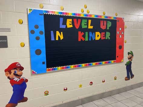 Level Up Classroom Door, Nintendo Switch Bulletin Board, Nintendo Bulletin Board, Gaming Theme Classroom, Video Game Hallway Theme, Video Game Themed Bulletin Boards, Level Up Bulletin Board, Mario School Theme, Video Game Classroom Door Ideas