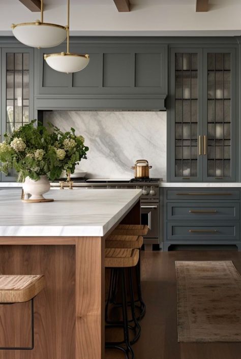 Kitchen Hood Transitional, Kraft Maid Bonsai Cabinets, Updated Classic Kitchen, French Villa Kitchen, Transitional Style Kitchen Cabinets, Classic Contemporary Kitchen Design, Contemporary Classic Kitchen, Kitchen With Stone Wall, Wall Of Kitchen Cabinets