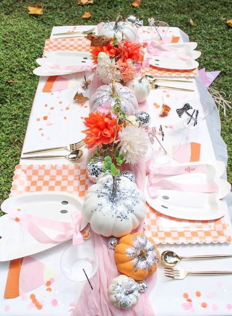 Kara's Party Ideas 2 Boo Tiful Halloween Birthday Party | Kara's Party Ideas Pink Halloween Table Setting, Pink Ghost Halloween Party, Our Little Boo Is Turning Two, Halloween Table Scape, Diy Jack O Lantern, Girly Halloween Party, Little Boo Is Turning Two, Disco Ghost, Halloween Party Table Decorations