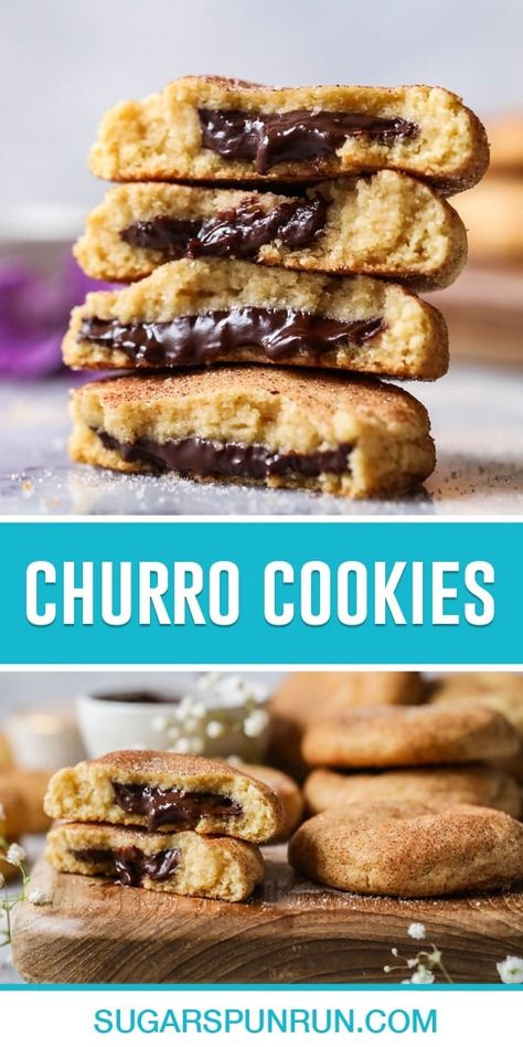 Churro cookies combine sweet vanilla cookie dough, cinnamon sugar, and molten chocolate filling. They taste just like a churro dipped in chocolate sauce! Recipe includes a how-to video! Vanilla Cookie Dough, Churro Cookies, Chocolate Sauce Recipe, Sugar Spun Run, Gooey Cookies, Cookies Sugar, Dipped In Chocolate, Molten Chocolate, Cookie Brownie Bars