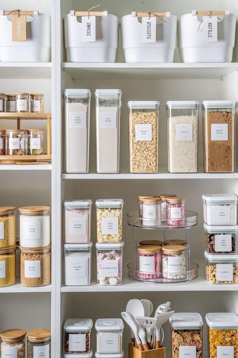 Containers For Kitchen, Storage And Organization Ideas, Kitchen Pantry Organization, Pantry Storage Containers, Kitchen Shelving, Organized Pantry, Pantry Organisation, Organized Kitchen, House Organisation