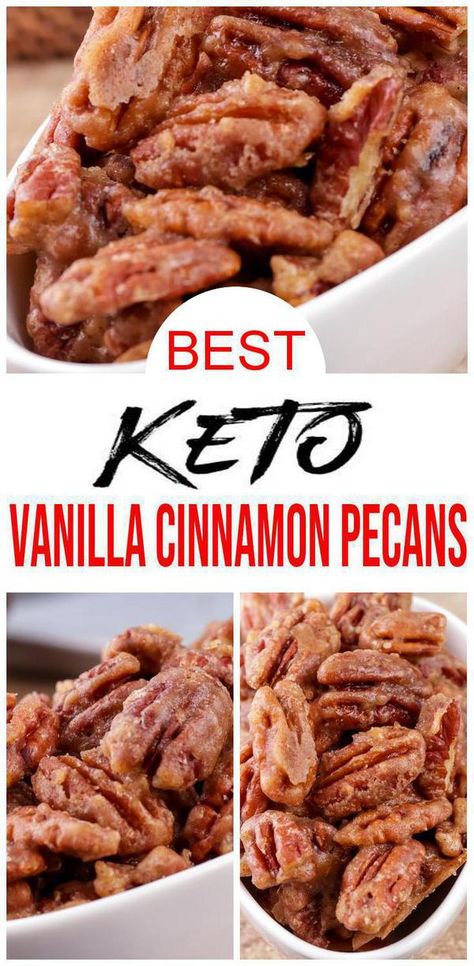 Check out these candied pecans. Best vanilla cinnamon pecans. Yummy candied pecans that are low carb & keto friendly. Simple & easy low carb candied pecans. Great Fall recipe for Thanksgiving or Christmas. Make Thanksgiving pecans or Christmas pecans for snacks, finger food or appetizers. Low carb candied pecans make great party food idea. Make keto candied pecans today - homemade & from scratch. For more keto low carb #candy pecans see KimspiredDIY #pecans #snacks Keto Pecans, Candy Pecans, Work Snacks, Candied Pecans Recipe, Low Carb Candy, Comidas Keto, Cinnamon Pecans, Breakfast Low Carb, Postre Keto