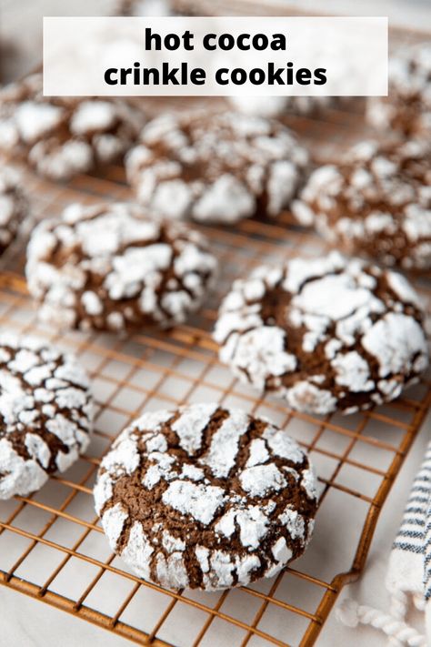 Hot Cocoa Crinkle Cookies melt in your mouth with the rich, chocolatey flavors of hot cocoa and a light dusting of sweet powdered sugar. The perfect chocolate cookie! They won't last long! #hotcocoachocolatecrinklecookies #chocolatecrinklecookies #crinklecookies. #Christmascookies #Christmascookies #Christmascookieexchange #Christmascookierecipe #holidaybaking #holidayrecipes #baking #easyrecipes #goodcookierecipes #comfortfood #comfortfoodideas Cookies Using Hot Chocolate Powder, Ginger Crinkle Cookies, Comfort Food Ideas, Hot Cocoa Cookies, Chocolate Crinkle, Mocha Chocolate, Hot Chocolate Cookies, Chocolate Crinkle Cookies, Cookie Recipes Homemade