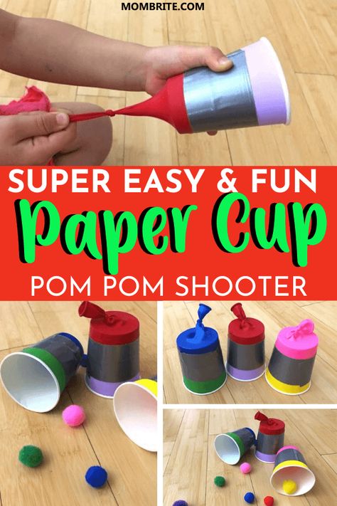 Pom Pom Shooters, Crafts For Kids At Home, Diy Kid Activities, Boredom Busters For Kids, Kids Activities At Home, Party Poppers, Diy Pom Pom, Kids At Home, Cup Crafts