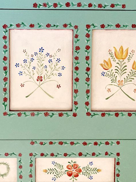 Furniture - Folk Florals – Tess Newall Folk Art Decorating, Simple Folk Art Designs, Folk Art Wall Painting, Pattern Painted Furniture, Nordic Painted Furniture, Folk Painted Cabinet, Folk Art Inspiration, Folk Art On Furniture, How To Paint Folk Art Step By Step