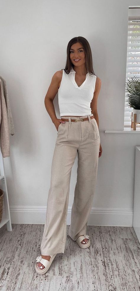 linen trousers, summer fashion, summer outfits, summer casual outfits, how to style linen trousers Tan Linen Trousers Outfit, Trousers Summer Outfit, Linen Trouser Outfit, Spring Trousers Outfit, Beige Linen Pants Outfit, Linen Pants Outfit Summer, Linen Trousers Outfit, Beige Linen Pants, White Linen Trousers