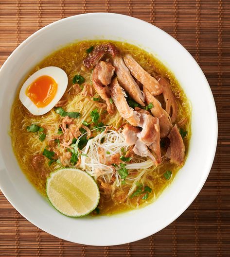 soto ayam - indonesian chicken noodle soup - glebe kitchen Soto Ayam Recipe, Spicy Soup Recipes, Indonesian Chicken, Sup Ayam, Soto Ayam, Lime Leaves, Spicy Soup, Homemade Noodles, Indonesian Cuisine