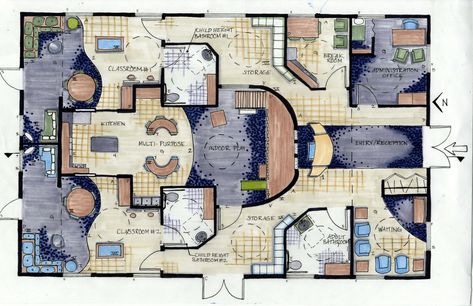 Day Care Center Design Floor Plans, Daycare Architecture Plan, Childcare Facility Design, Daycare Floor Plans Layout Day Care, Montessori School Plan, Daycare Blueprints, Daycare Design Layout, Preschool Floor Plan, Daycare Layout Floor Plans