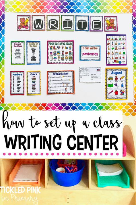 I'm sharing ideas and tips for setting up your writing center for your kindergarten, first grade, or even 2nd grade classroom! The tips include how to organize, implementing student choice, and much more! There's even inspiration for decorating your writing center bulletin board. Writing will soon be your students favorite part of the day! Creative Writing Center Ideas, 2nd Grade Writing Center Set Up, Classroom Writing Center 2nd Grade, First And Second Grade Combo, Writing Bulletin Boards First Grade, Writing Center First Grade Set Up, Second Grade Writing Center, Kindergarten White Board Set Up, Elementary Writing Center