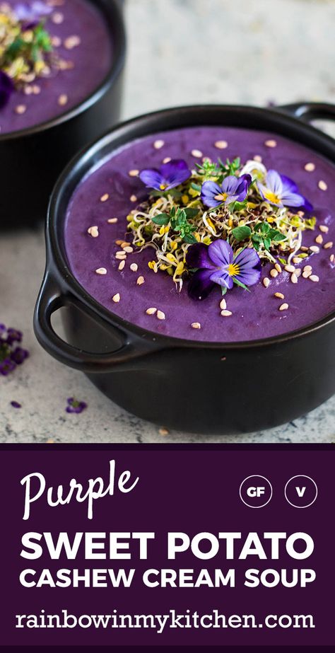 Purple Sweet Potato Cashew Cream Soup Purple Sweet Potato Recipes, Potato Mushroom, Purple Sweet Potato, Purple Food, Purple Sweet Potatoes, Cashew Cream, Sweet Potato Soup, Cream Soup, Vegan Soup