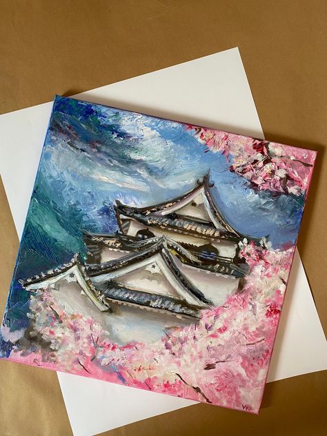 Japanese Canvas Art, Asian Painting Ideas On Canvas, Easy Acrylic Painting Ideas Square Canvas, Painting Ideas On Canvas Japanese, Painting Ideas Square Canvas, Japanese Acrylic Painting, Art On Square Canvas, Square Painting Ideas, Sakura Tree Painting