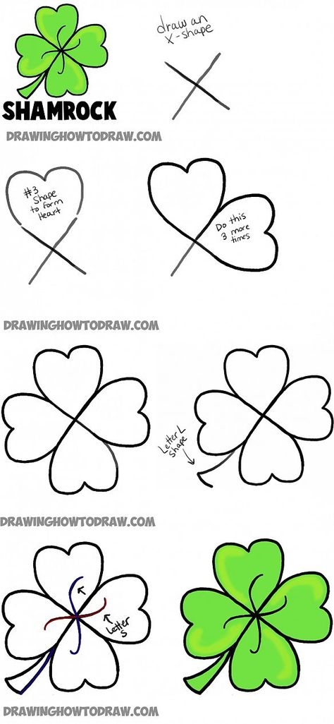 how to draw four leaf clovers and shamrocks Four Leaf Clover Drawing, Clover Painting, March Bullet Journal, St Patricks Crafts, Draw Step By Step, How To Draw Steps, St Patrick's Day Decorations, St Patrick's Day Crafts, Hur Man Målar