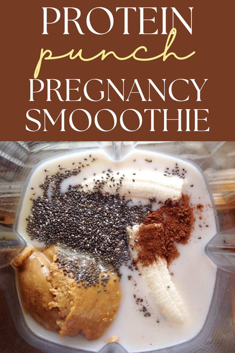 This easy protein punch pregnancy smoothie works wonders for energy, alleviate morning sickness symptoms, hangry pregnant people - and it's delicious! Most of the six ingredients in this recipe can be found in your kitchen, but one of my favorite ingredients is the superfood chia seeds! Click through for the full recipe and ingredient list! Pregnancy Super Foods, Pregnancy Smoothie, Healthy Pregnancy Food, Pregnancy Hacks, Easy Protein, Smoothie Prep, Pregnancy Food, Super Foods, Pregnant Diet