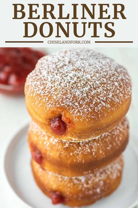 These Berliner donuts are a German version of a sweet yeasted dough with no central hole fried in oil and filled with your favorite jam. #berlinerdonuts #jellyfilledonuts #donuts | chiselandfork.com Donut Calories, Yeast Donuts, Filled Donuts, Candy Thermometer, Homemade Donuts, Pastry Bag, Donut Recipes, Strawberry Jam, Instant Yeast