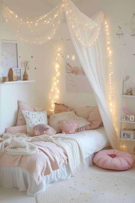 37 Easy Ideas To Decorate A Little Girls Bedroom On A Budget Bed Backdrop Ideas, Aesthetic Girls Room Ideas, Aesthetic Rooms Girl, Ten Room Ideas, Girls Bedroom Ideas 10-12, 12 Year Girl Room Ideas, 16 Year Girl Bedroom Ideas, Girls Box Bedroom Ideas, Girls Double Bedroom Ideas