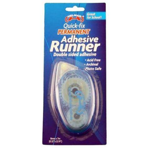 HELMAR QUICK FIX PERMANENT TAPE RUNNER Acid free, archival and photo safe and ideal for scrapbooking, craft, school projects and office and home use. Ideal for quickly adhering many light weight items such as paper, photos etc to paper & cardstock. Roller tip design ensures runners dispense an even layer of adhesive onto the application surface. They also have a unique built in gear to stop runners being used in the incorrect direction which will prevent your glue runner from unraveling. The Blue Permanent Adhesive Runner will allow a limited time frame for repositioning before becoming permanent. It has a much stronger bond than others in the market place. Our Quick-Fix Adhesive Runners are easy and comfortable to use without being too big or too small in your hand. Size: 8mm x 7M (0.32” Glue Tape, Electronic Gifts, Double Sided Adhesive, Stamp Crafts, Market Place, Photo Archive, Scrapbook Paper Crafts, Office School, School Crafts