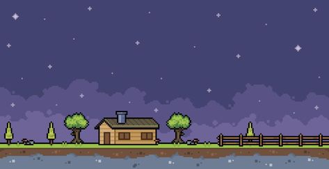 Pixel art farm landscape at night with house, fence and tree 8 bit game background Farm Pixel Art, 8bit Background, 8 Bit Background, Pixel Game Background, Pixel Art Game Background, 8 Bit Pixel Art, 8 Bit Game, Landscape At Night, Pixel Background