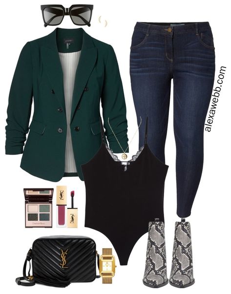 Plus Size Green Blazer Outfit - Alexa Webb Dark Green Blazer Outfit, Green Bodysuit Outfit, Green Blazer Outfit, Dark Green Blazer, Black Blazer Outfit, Alexa Webb, Blazer Outfits For Women, Plus Size Blazer, Winter Work