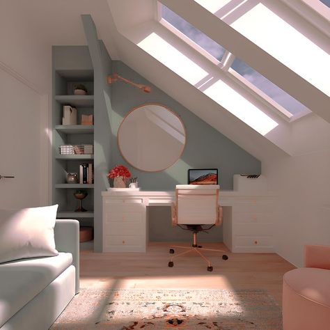 Attic Home Office, Attic Room Ideas, Home Office Interior Design, Apartemen Studio, Home Office Interior, Attic Office, Attic Bedroom Designs, Loft Office, Attic Design