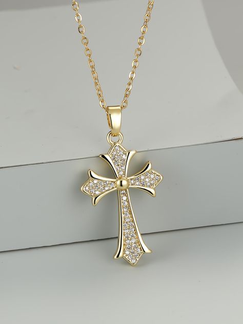 Yellow Gold Fashionable Collar  Copper  Pendant Necklaces Embellished   Jewelry Ministry Apparel, Cross Pendent, Cross Charm Necklace, Cross Jewelry Necklace, Cross Necklaces, Pretty Jewelry Necklaces, Antique Gold Jewelry, Rhinestone Cross, Jewelry Accessories Ideas