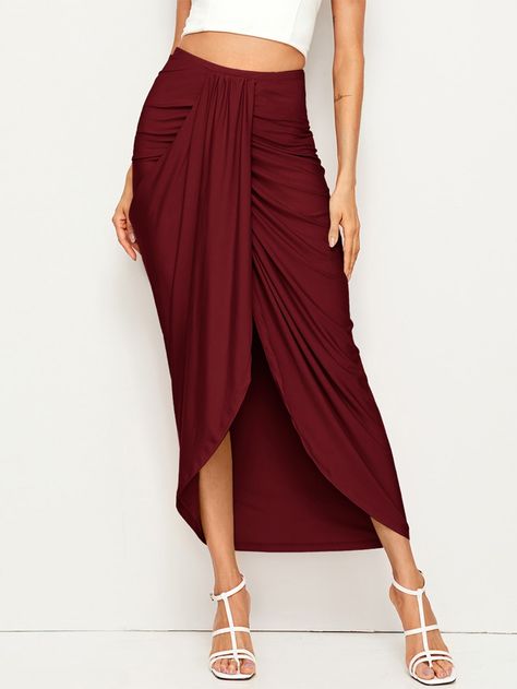 High Waist Draped Skirt | SHEIN USA Rok Midi, Long Skirt Fashion, Elastic Skirt, Solid Skirt, High Waisted Maxi Skirt, Skirts Midi High Waisted, Draped Skirt, Split Skirt, Long Skirts For Women