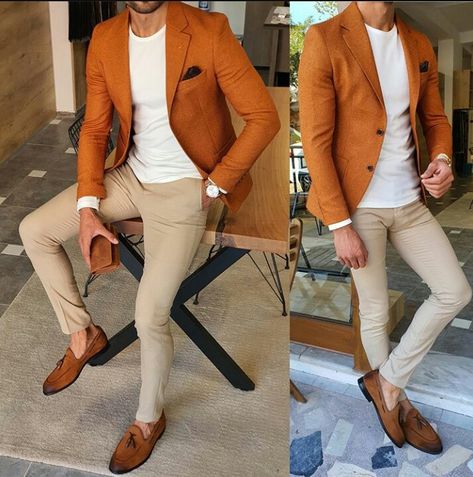 #mens suit#slim fit suits #mens outfits#suitsmenstyle#suit for wedding#casual#mens suit#suits#blazer#2020#suits style#suits for men wedding#suits for men#suits for nen stylish Orange Formal Outfit Men, Outfits Caballero, Orange Blazer Outfits, Khakis Outfit, Suit For Wedding, Blazer Outfits Men, Orange Suit, Mens Business Casual Outfits, Slim Fit Suit Men