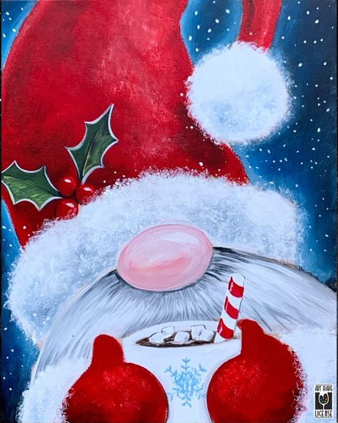 Christmas Gnome Painting, Gnome Painting, Holiday Pottery, Gnome Paint, Santa Paintings, Gnome For The Holidays, Christmas Canvas Art, Christmas Paintings On Canvas, Holiday Painting