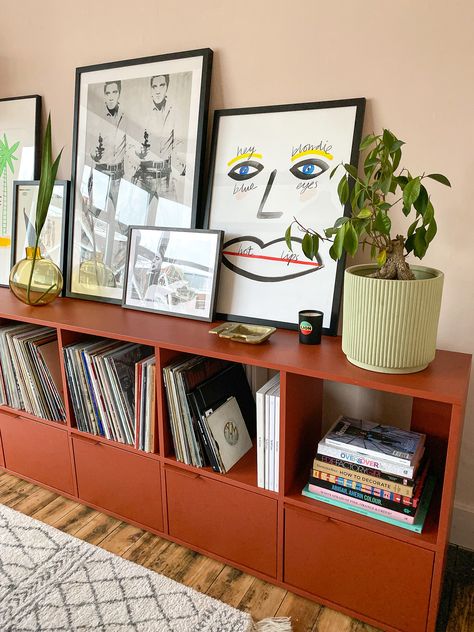 Red Shelves Home Decor, Ikea Interior Design Living Room, Low Cabinets Living Room, Red Shelving, No Tv Living Room, Small Living Space Ideas, Neutral Apartment Decor, Living Room Storage Ideas, Red Furniture Living Room