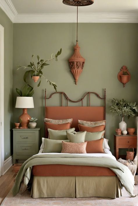 Terracotta Green Cream Bedroom, Terra Cotta And Sage Bedroom, Sage And Clay Bedroom, Sage Green Burnt Orange Living Room, Terracotta Sage Bedroom, Orange And Sage Bedroom, Green And Terra Cotta Bedroom, Terra Cotta And Green Living Room, Terracotta And Sage Bathroom