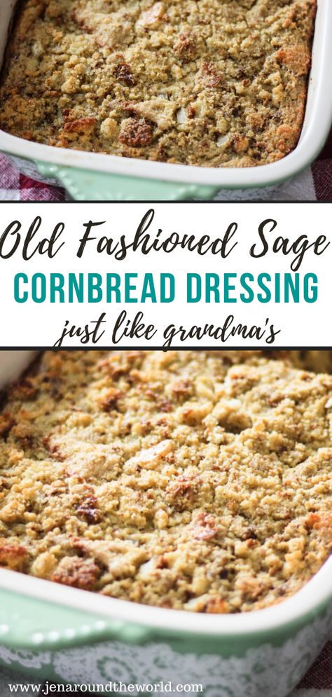 Old Fashioned Sage Cornbread Dressing is a true Southern staple during the holidays. My momma used to make this same recipe and now I am sharing it as well. Sage Cornbread Dressing, Southern Dressing Recipe, Sage Cornbread, Turkey Dressing Recipe, Homemade Cornbread Dressing, Cornbread Stuffing Recipes, Dressing Recipes Thanksgiving, Cornbread Dressing Southern, Bread Dressing