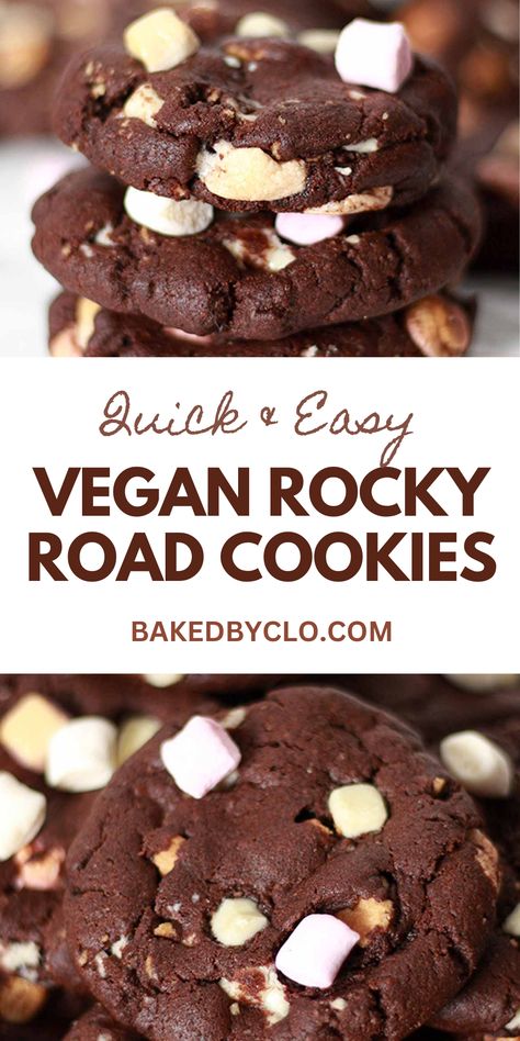 These vegan rocky road cookies are super easy to make, kid-friendly and great for festive snacking. Soft chocolate cookies filled with digestive biscuits, mini vegetarian marshmallows and dairy-free white chocolate chips. Cookies With Mini Marshmallows, Vegan Rocky Road, Vegan Christmas Treats, Soft Chocolate Cookies, Vegan Christmas Cookies Recipes, Vegetarian Marshmallows, Cookie Monster Cookies, Rocky Road Cookies, Dairy Free White Chocolate