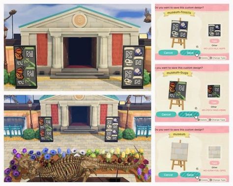 animal crossing new horizon designer code Animal Crossing Museum Fossils, Museum Sign Animal Crossing, Animal Crossing Museum Ideas, Museum Animal Crossing, Acnh Museum Exterior, Fairycore Acnh, Acnh Museum, Museum Flooring, Ac Ideas