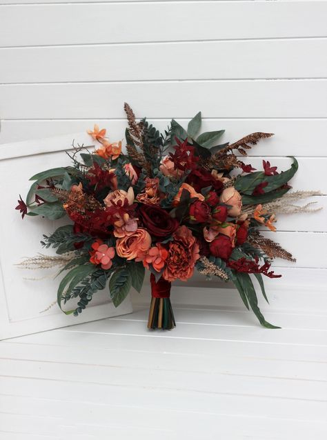 "The bouquet is made of flowers and leaves of high quality. All dimensions are total length or width. The height of the l bouquet - 16\" ( 42 cm) The width of the  bouquet - 16\" ( 42 cm) Thanks for visiting 😊" Desert Bouquet Wedding, Deep Red Wedding Bouquet, Dark Wildflower Bouquet, Autumn Wedding Florals, Fall Wedding Bouquets October, Gladiolus Wedding Bouquet, Minimalist Wedding Bouquet, Moody Wedding Bouquet, Fall Bouquet Wedding