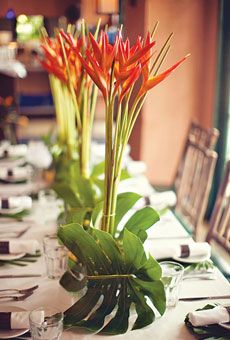 Centerpieces of birds of paradise; Photo by Stacy Reeves; Floral design by Always Flowers Events #weddings Bird Of Paradise Wedding, Tropical Wedding Reception, Tropical Centerpieces, Red Centerpieces, Tropical Flower Arrangements, Paradise Wedding, Beach Wedding Centerpieces, Birds Of Paradise Flower, Tropical Wedding Flowers