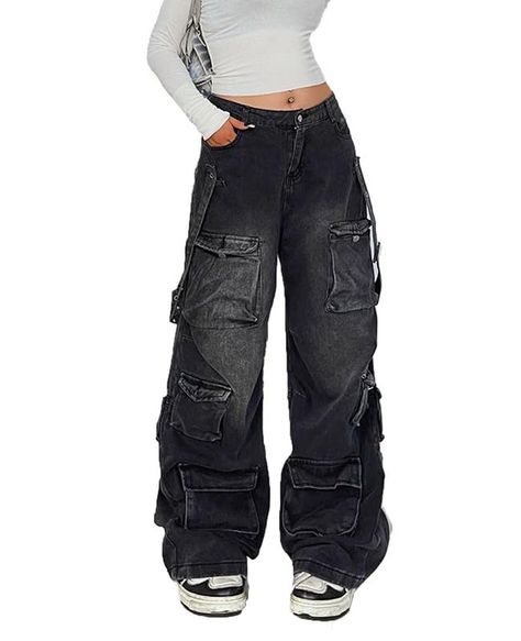 Baggy Punk Pants, Emo Cargo Pants Outfit, Black Low Waisted Jeans, Baggy Grunge Jeans, Baggy Jeans With Pockets, Low Waist Baggy Jeans, Pants Low Waist, Black Baggy Jeans, Women's Cargo Pants