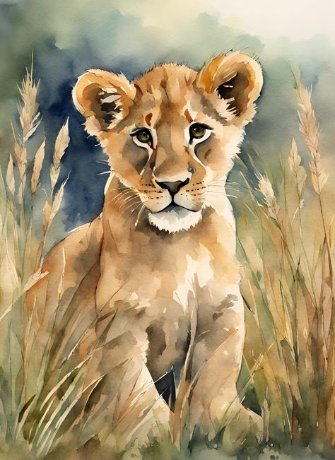 Little Lion Watercolor Printable - Wall Art Digital Download-Downloadable Digital Print-JPG image-digital print| SNE Prints Gallery Set 3 Lion Digital Art, Lion Paintings, Lion Watercolor, Playful Pose, Lion Painting, Vibrant Watercolor, Lion Cub, Watercolor Printable, Bright Eyes