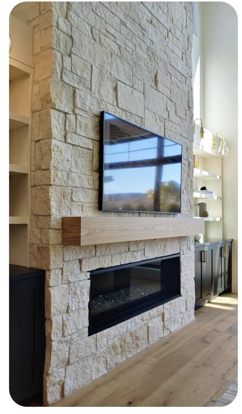 Stone Fireplace With Linear Fireplace, Modern Fireplace Ideas With Tv Stone, White Fireplace Stacked Stone, Stone Fireplace With Electric Fireplace, Built Out Fireplace Wall Stone, Diy Stone Fireplace Tv Wall, Partial Stone Fireplace, Electric Fireplace Stone Surround, Stone Fireplace Floor To Ceiling With Tv