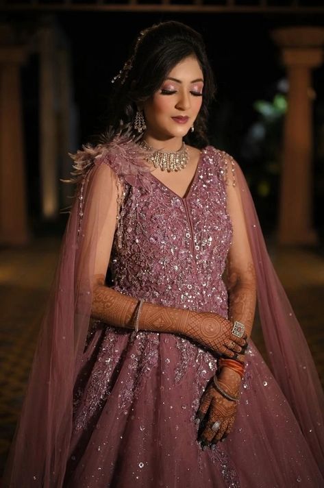 Sangeet makeup Pink gown makeup Princess look Sangeet Frocks For Bride, Engagement Gown Makeup Look, Sangeet Gowns Indian, Sangeet Gown For Bride, Engagement Hairstyles Indian Brides With Gown, Makeup Engagement Look, Marriage Dress Indian Girl, Pink Gown Makeup Look, Hairstyle For Party Wear Gown