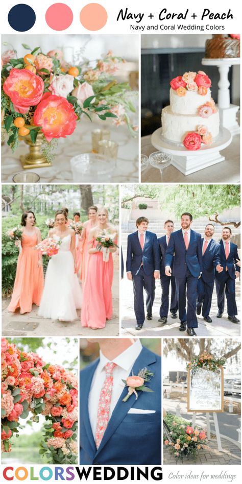 Wedding White Gown, Coral Peach Wedding, Bridesmaid Dresses Navy Blue, Peach Boutonniere, Blue Peach Wedding, Salmon Wedding, Bridesmaid Dresses Navy, Peach Wedding Theme, Coral Wedding Themes