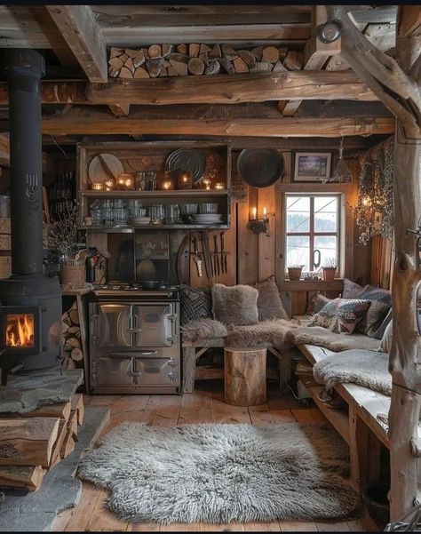 Old Cabin Interior, Witch House Interior, Cozy Rustic Cabin, Cozy Cabin Aesthetic, Rustic Cabin Interior, Witches Cottage, Witches House, How To Build A Log Cabin, Wooden Benches