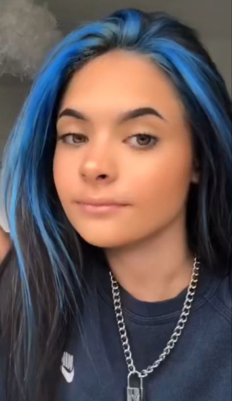 Ocean Blue Hair Highlights, Black And Blue Money Piece, Blue Money Pieces On Black Hair, Black Hair Blue Stripes, Electric Blue Highlights In Brown Hair, Dark Hair With Light Blue Highlights, Brown Hair Black Streaks, Brown Roots Blue Hair, Blue Hair Front Pieces