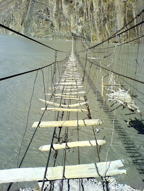 3. Hussaini Hanging Bridge, Borit Lake, Pakistan | 10 Of The World's Scariest Bridges - Page 4 of 11 - Mpora Scary Bridges, Rope Bridge, Bridge Over Troubled Water, Suspension Bridge, Covered Bridges, Indiana Jones, Land Art, Places Around The World, Drones