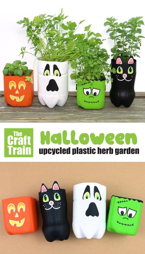 Make a Halloween herb garden from upcycled plastic bottle planters. We've made a ghost, a black cat, a pumpkin and a Frankenstein – too easy and fun! This is a great recycling craft and DIY decoration to make for Halloween which also is functional and useful, providing fresh kitchen herbs for your cooking. #halloween #kidscrafts #recycledcrafts #upcyclingidea #thecrafttrain #plasticbottle #halloweendiy #kidsactivities #ghostcraft #frankenstein #blackcat #pumpkin Hotel Transylvania Diy Decorations, Halloween Planters, Bottle Planters, Halloween Train, Plastic Bottle Planter, Deco Halloween, Upcycle Plastic, Ghost Crafts, Plastic Bottle Art