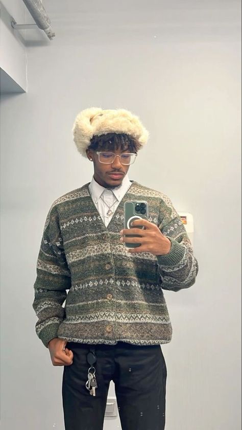 Vintage Fit Inspo Men, Editorial Winter Fashion, Modern Vintage Aesthetic Fashion, Black Man Outfits Street Style Winter, Soft Boy Outfits Black Men, Black Earthy Men, Tyler The Creator Ushanka, 40 Year Old Womens Fashion Black Women, Preppy Streetwear Men