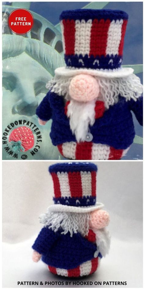 Crochet 4th Of July, Gnomes Crochet, Patriotic Gnomes, Book Pins, Gnome Patterns, Crochet Books, Free Patterns, Dolls Handmade, Fourth Of July