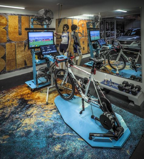 Zwift Cycling Setup, Pain Cave Cycling, Cycling Room, Bike Cave, Biking Quotes Cycling, Zwift Cycling, Indoor Cycling Studio, Cycling Studio, Bike Storage Garage