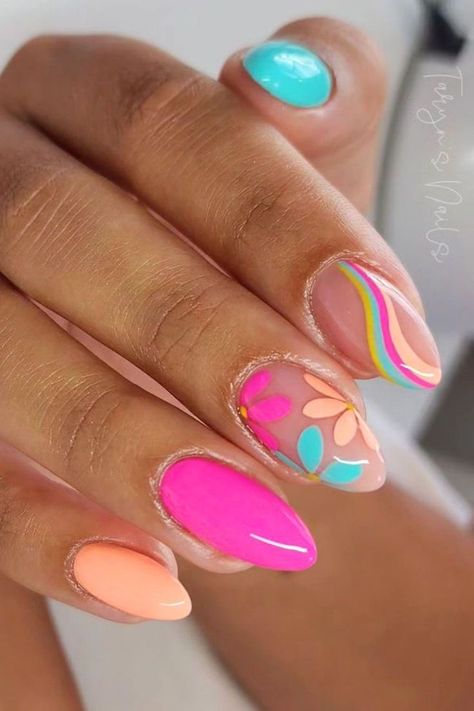 Tropical Holiday Nails Summer, June Nail Designs 2024, Vibrant Nails Summer 2024, Bright Summer Nails 2024, June Summer Nails, Cute Summer Nails 2024 Simple, June 2024 Nails, Tropical Nail Designs Beach Vacations, Bright Color Nail Designs